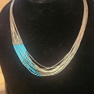 Vintage American Indian Assemetric 10 Strand Liquid Silver Turquoise Necklace